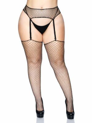 Celia Plus Net Garter Belt and Stockings - Black, Plus