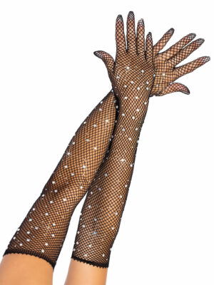 Bling Ring Rhinestone Fishnet Gloves - Black