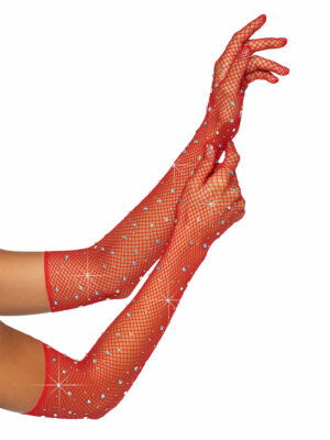 Bling Ring Rhinestone Fishnet Gloves - Red