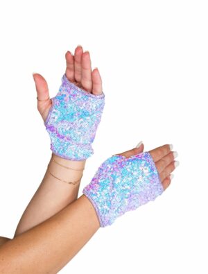 Open Finger Sequin Gloves - Jade Blue
