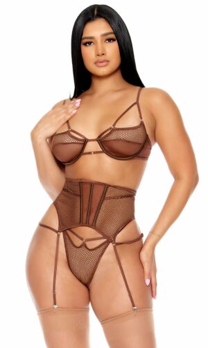 Caught Up O-Net Bra and Waist Cincher Lingerie Set - Brown