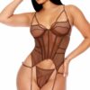 Caught Up O-Net Bustier Lingerie Set - Brown