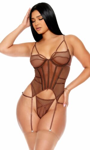Caught Up O-Net Bustier Lingerie Set - Brown