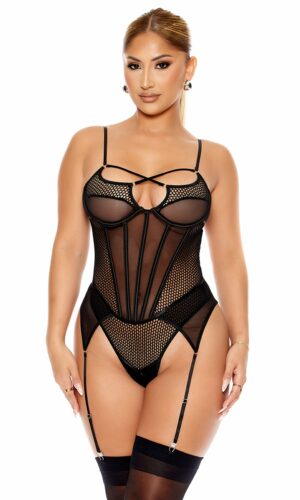 Caught Up O-Net Corset Style Teddy - Black