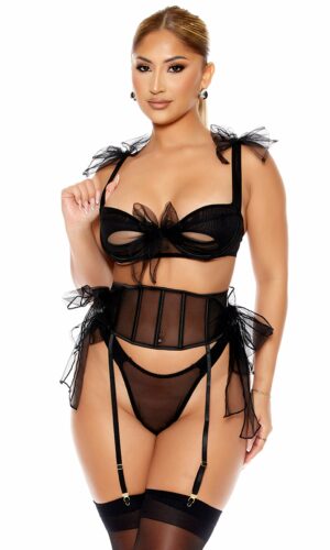 Unwrap Me Mesh Bow Detail Bra and Waist Cincher Set - Black