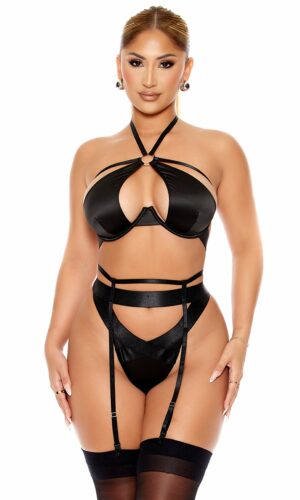 Soft Life Satin Bra and Garter Belt Lingerie Set - Black