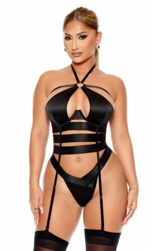 Soft Life Satin Strappy Bustier Lingerie Set - Black