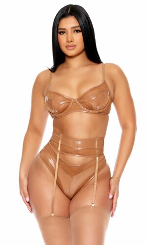 Opposites Attract Mesh and Vinyl Bra and Garter Belt Lingerie Set - Brown