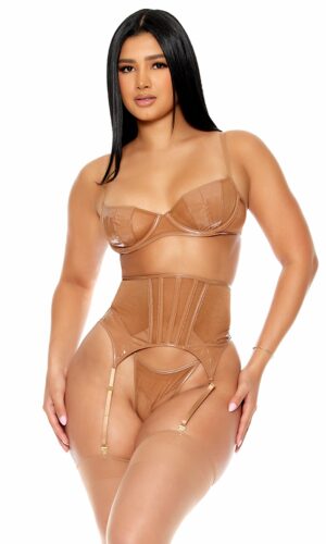 Opposites Attract Mesh and Vinyl Bra and Waist Cincher Lingerie Set - Brown