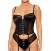 Got Him Hooked Satin and Mesh Bustier Lingerie Set - Black