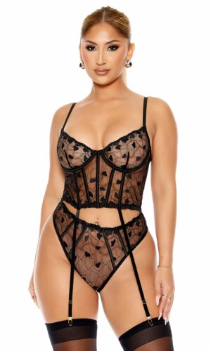 Heart You Embroidered Longline Bra Lingerie Set - Black