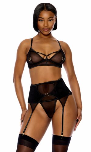 Piercing Desire Mesh Bra and Waist Cincher Lingerie Set - Black