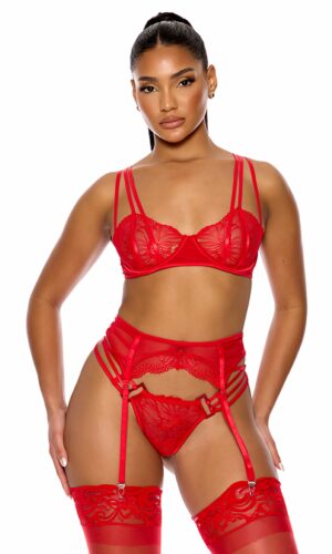 Thirst Strap Strappy Lace Demi Cup Bra and Garter Belt Lingerie Set - Rose