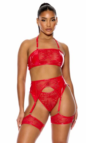 Perfect Pair Vinyl and Lace Bra and Garter Belt Lingerie Set - Red