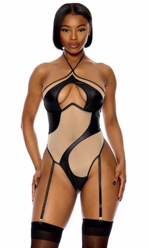 Catch My Wave Mesh Halterneck Teddy Set - Black