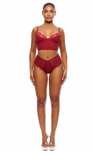 Self Care Ribbed Lace Longline Bra Lingerie Set - Wine