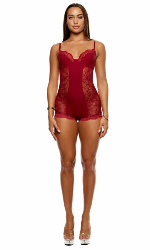 Self Care Ribbed Lace Romper - Wine