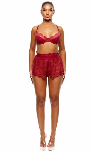 Self Care Ribbed Lace Bra and Shorts Lingerie Set - Wine