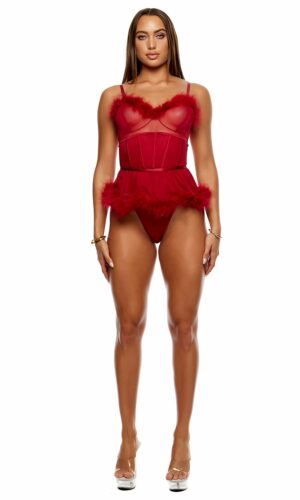 Bare It All Mesh Marabou Teddy Lingerie Set - Wine