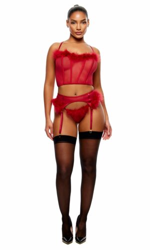 Bare It All Mesh Marabou Bra and Garter Belt Lingerie Set - Wine