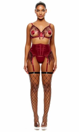 Peep Show Sequin Fringe Bra and Waist Cincher Lingerie Set - Wine