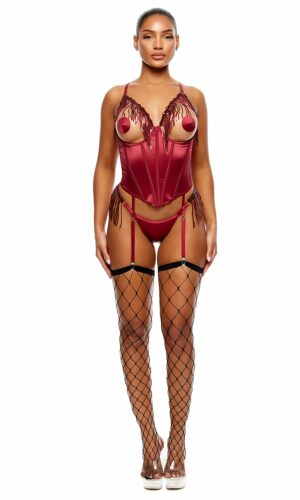 Peep Show Sequin Fringe Bustier Lingerie Set - Wine