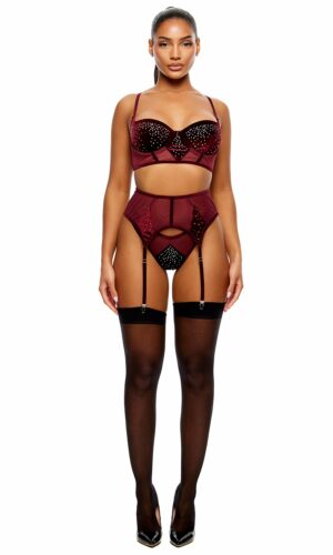 Caught Your Eye Velvet Rhinestone Longline Bra Lingerie Set - Wine