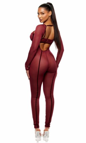 Caught Your Eye Velvet Rhinestone Jumpsuit Lingerie Set - Wine
