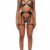 Liquid Metal Metallic Mesh Bra and Garter Belt Lingerie Set - Gunmetal