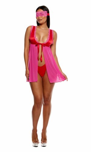 No Strings Attached Satin and Mesh Lace Trim Babydoll Lingerie Set - Red Pink