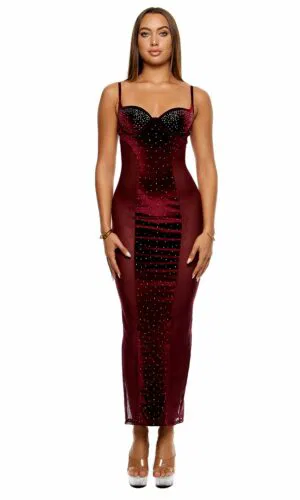 Caught Your Eye Velvet Rhinestone Satin Nightgown - Wine