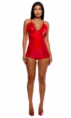 Show and Tulle Vinyl and Mesh Tulle Trim Romper - Red