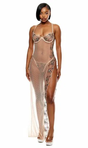 Just Peachy Embroidered Nightgown Lingerie Set - Peach