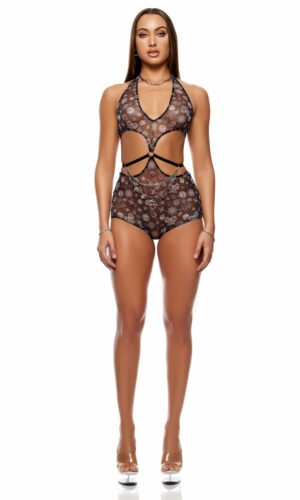 Sheer Charm Mesh and Chains Romper - Black