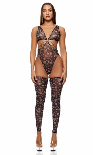 Sheer Charm Mesh and Chains Teddy Lingerie Set - Black