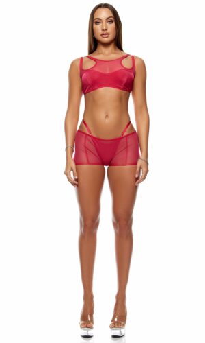 Layers To This Mesh and Knit Bra Top and Shorts Lingerie Set - Pink