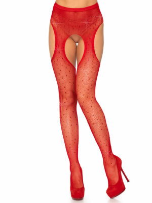 Casey Rhinestone Fishnet Suspender Pantyhose - Red