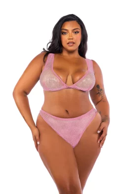 Think Pink Plus Size Rhinestone Bralette 2-Piece Short Set - Pink