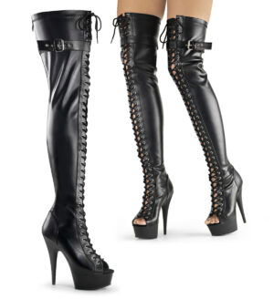 6" Heel, 1 3/4" PF Peep Toe Lace-up Thigh Boot, Back Zip