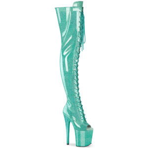8" Heel, 4" PF Peep Toe Lace-Up Thigh Boot, Side Zip