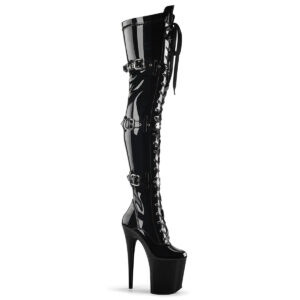 8" Heel, 4" PF Stretch Thigh Boot W/Buckled Straps, Side Zip