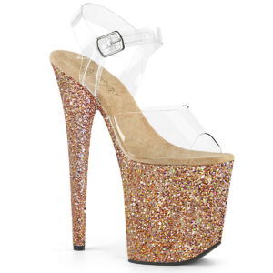 8" Heel, 4" PF Ankle Strap Sandal w/ Glitter Bottom